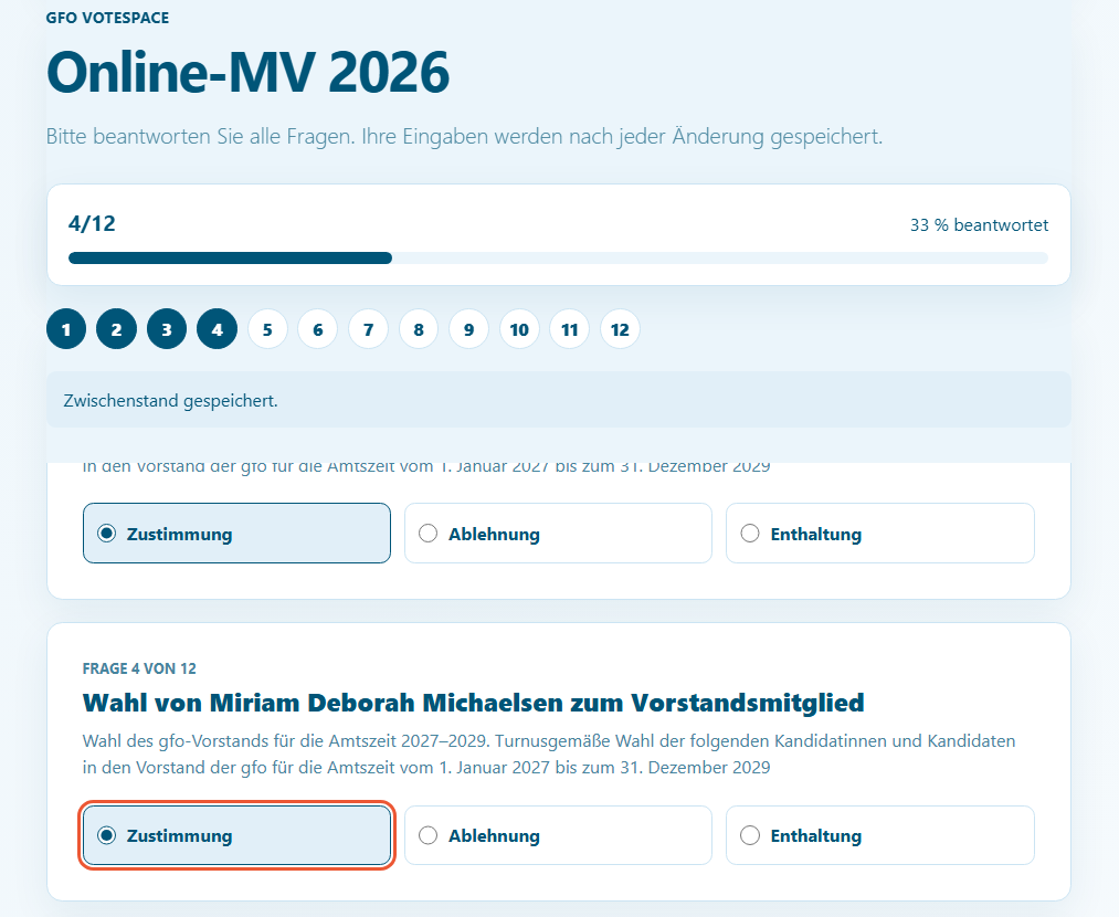 Ansicht Browser mit Auswahlmöglichkeiten Zustimmung, Ablehnung und Enthaltung.